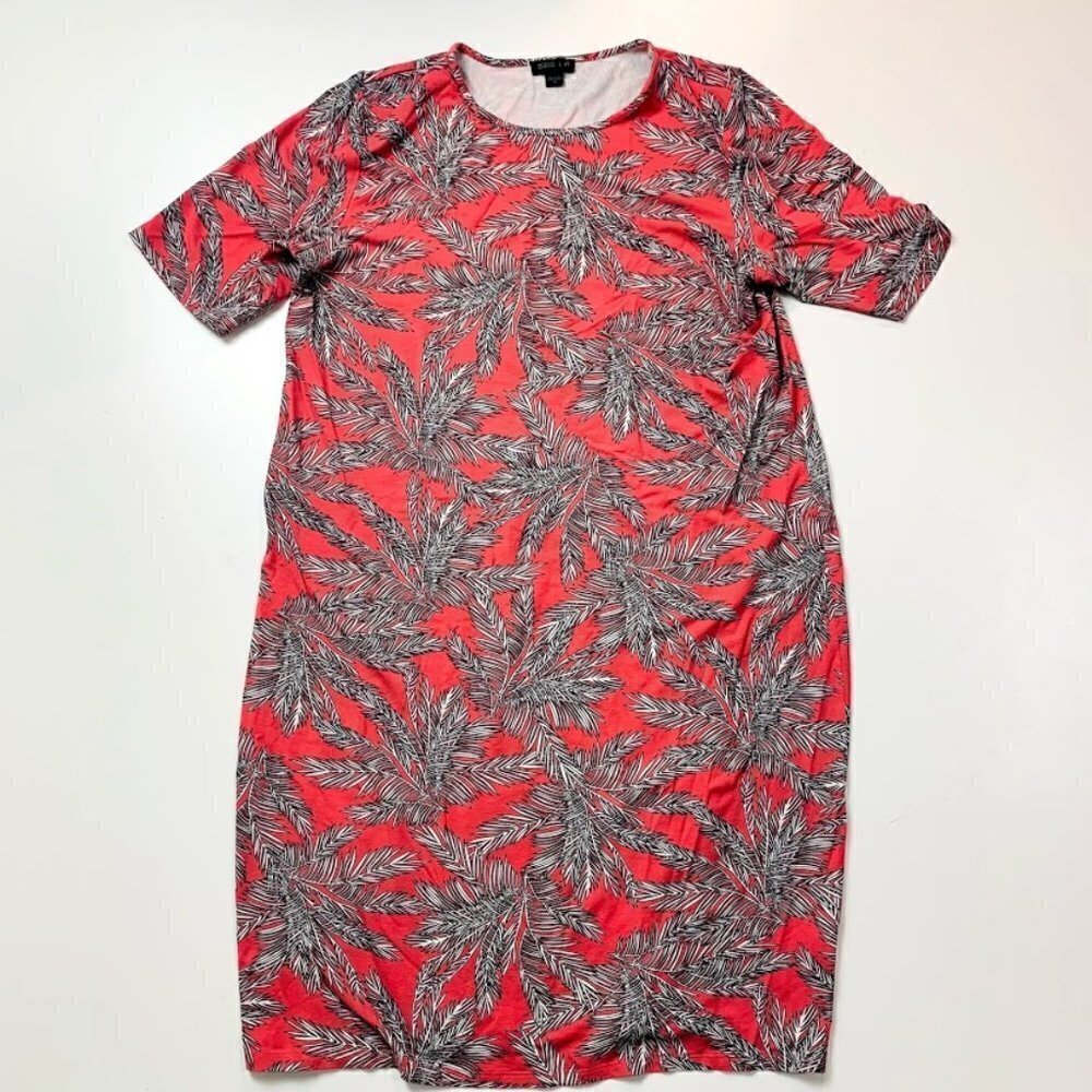 J. Jill Shirt Dress Tunic Tropical Palm Floral Pink Stretch Medium Travel Beach